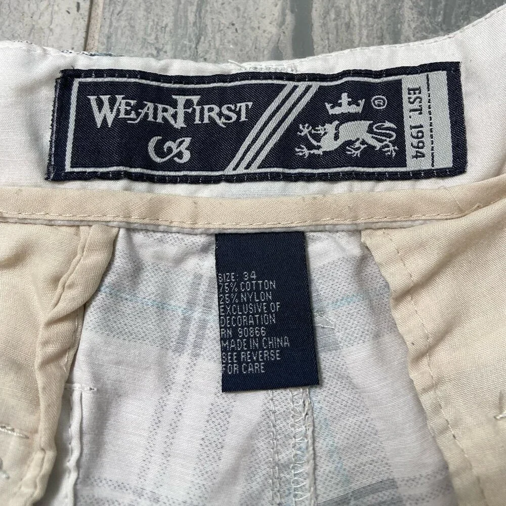 Wear First Flat Front Belted Cargo Shorts – Off‑White/Gray Plaid, Men’s Size 34